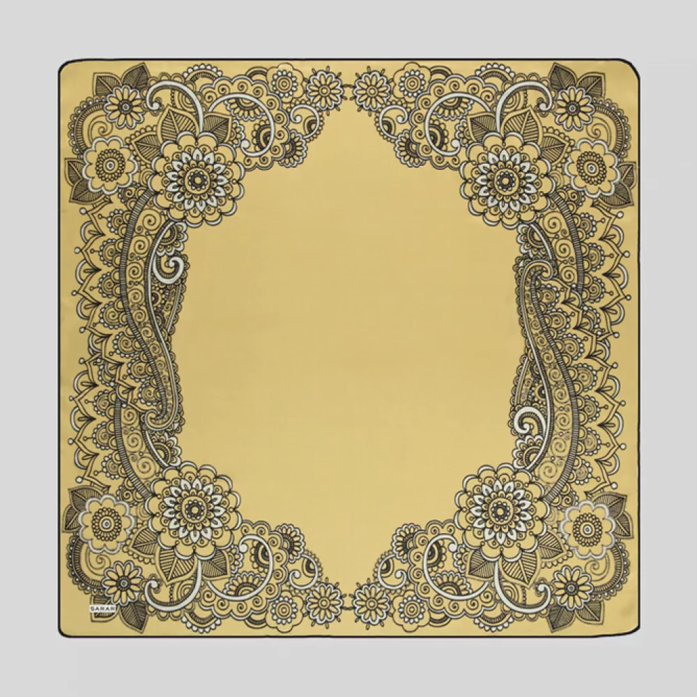 Çiçek Desenli Varaklı Gold Saten İpek Eşarp