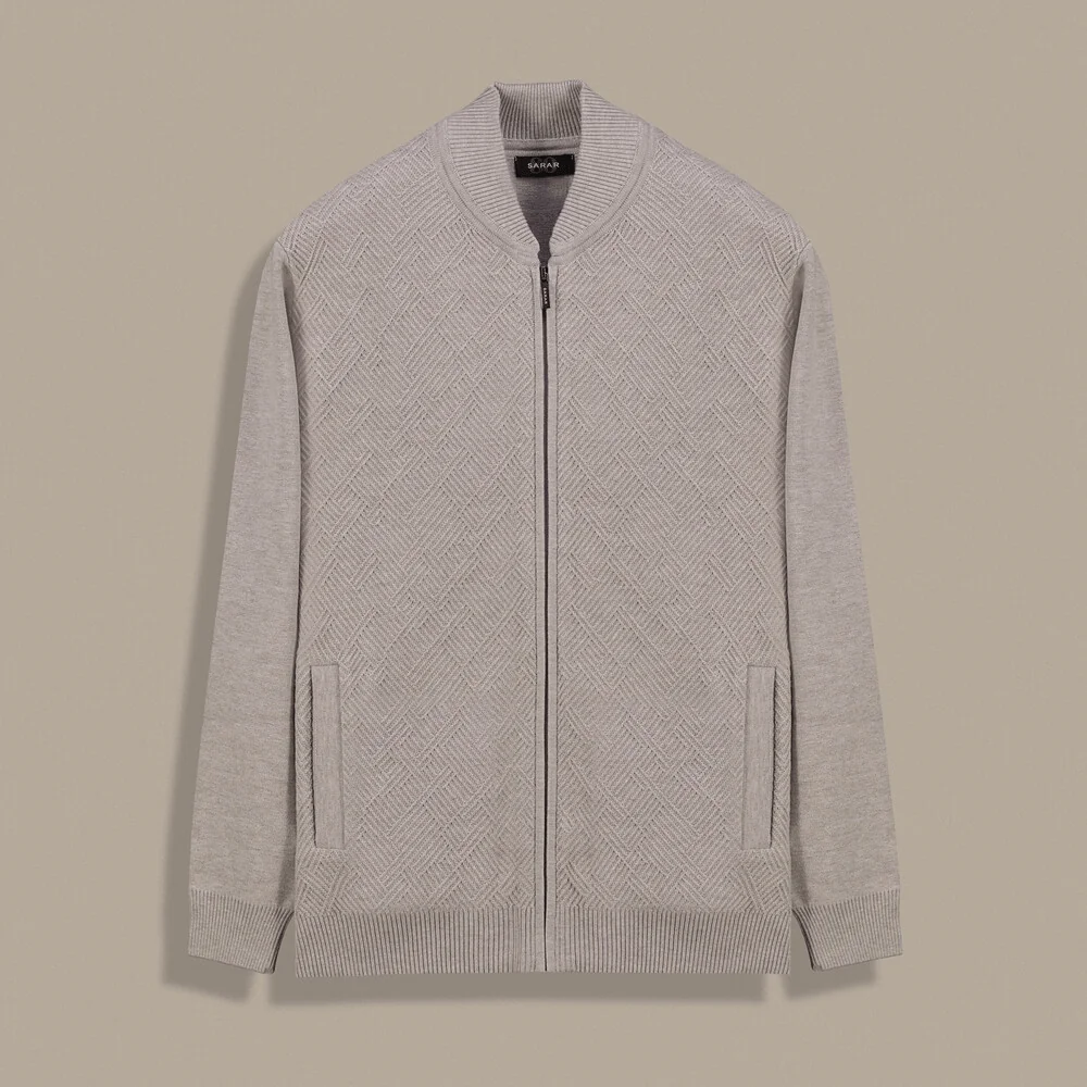 Desenli Fermuarlı Bej Hırka