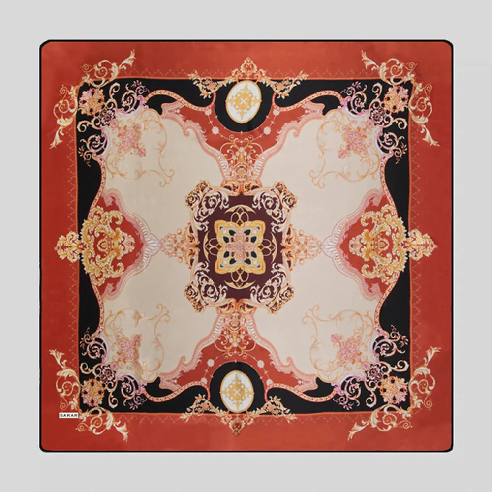 Klasik Desenli Taba Saten İpek Eşarp